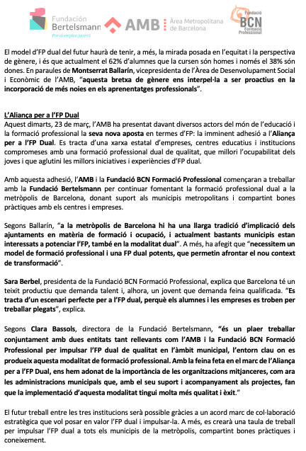 PremsaAMB's tweet photo. [NdP] L’#AMB aposta per l'FP dual, que ofereix garanties d'inserció laboral als joves: el 70% troba feina després de cursar-la

ℹ https://t.co/Jiz6tZG1Sc

@SocioEconAMB
@fundaciobcnfp 
@FBertelsmann 
@Alianzafpdual 
#FProAMB
#FProfessional
#MetropolisBarcelona https://t.co/YoUoluAGAv