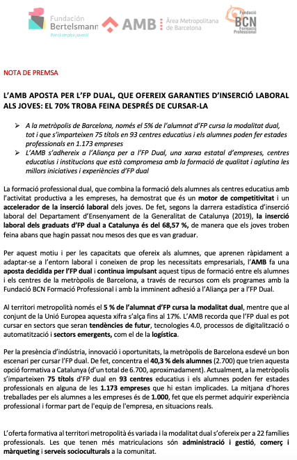 PremsaAMB's tweet photo. [NdP] L’#AMB aposta per l'FP dual, que ofereix garanties d'inserció laboral als joves: el 70% troba feina després de cursar-la

ℹ https://t.co/Jiz6tZG1Sc

@SocioEconAMB
@fundaciobcnfp 
@FBertelsmann 
@Alianzafpdual 
#FProAMB
#FProfessional
#MetropolisBarcelona https://t.co/YoUoluAGAv