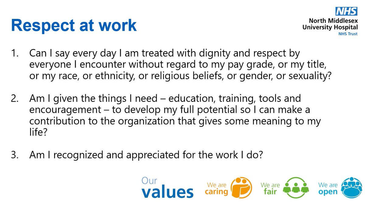 I'm thinking a lot about respect in the workplace at the moment, and I'm calling on all leaders @NorthMidNHS to become role models who always treat colleagues - regardless of their position - with the utmost respect. #wearecaring #wearefair #weareopen