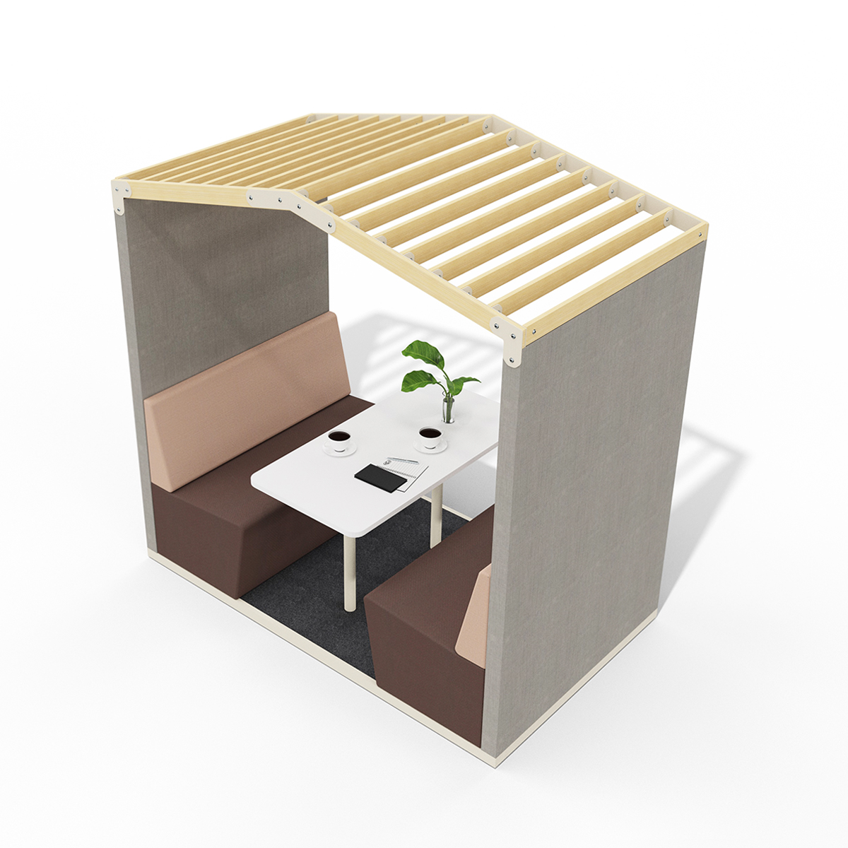 Providing stylish shelters in open plan layouts, 'Bodyn' individual pods offer a space to meet, relax or focus. Available in a wide array of finishes and styles. Slat roof options give a sense of enclosure, without blocking ventilation, light and airflow.