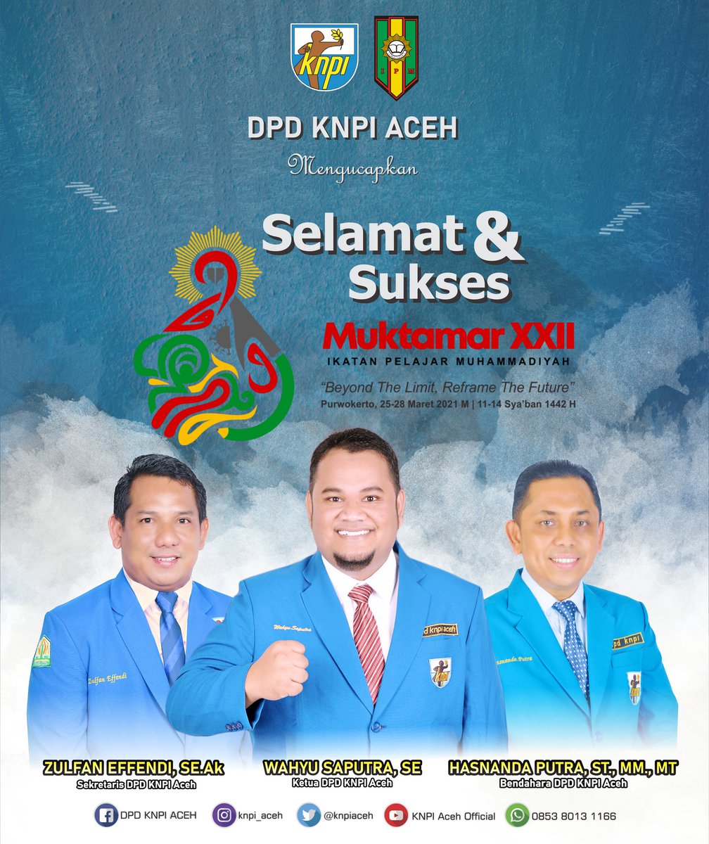 knpiaceh's tweet photo. Keluarga Besar DPD KNPI Aceh mengucapkan "Selamat dan Sukses Muktamar XXII Ikatan Pelajar Muhammadiyah (IPM)

"Beyond The Limit, Reframe The Future"

Purwokerto, 25 - 28 Maret 2021 M | 11 - 14 Sya'ban 1442 H

#muktamarxxiiipm https://t.co/Rz7Ms1qEU8