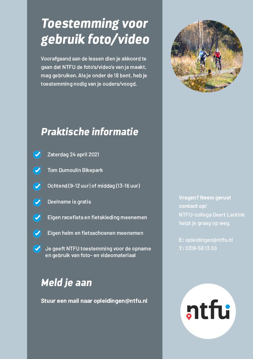🗣️ Deelnemers gezocht voor voorbeeldles wielrennen van de NTFU
📍 Tom Dumoulin Bikepark
📈 Beginnende fietsers onder 27 jaar
🎥 Er worden foto's/video's gemaakt tbv opleidingsdoeleinden
📆 Zaterdag 24 april
👇🏽Inschrijfinformatie