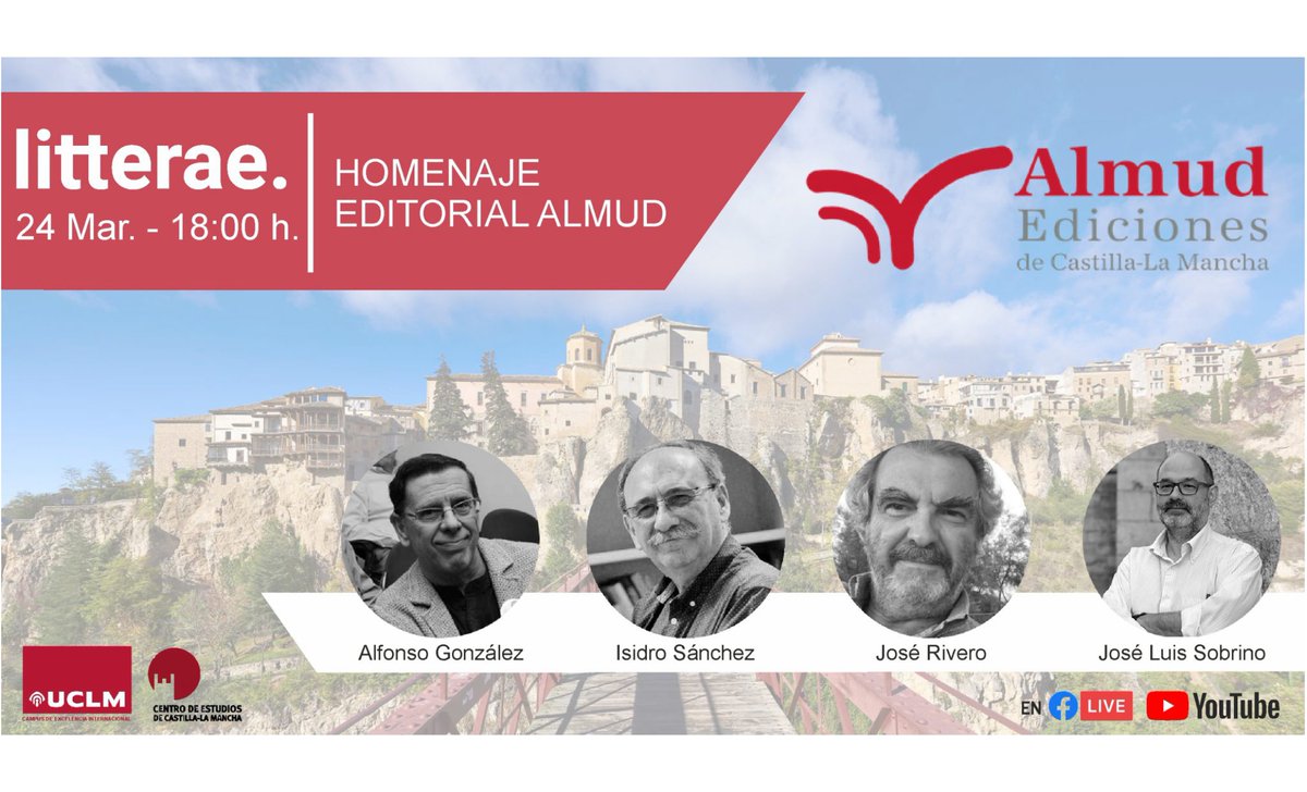 Serendipia_CR's tweet photo. LITTERAE 2021 | Homenaje a la Editorial ALMUD.
Seguir el Acto en directo en YouTube: https://t.co/FWqGDAXrDt
Miércoles, 24 de marzo - 18:00 hrs.
#AICC @ACEcultura @CECLM_UCLM @fibicc
#Litterae #literrae2021 #almud https://t.co/i9aPljyqlr
