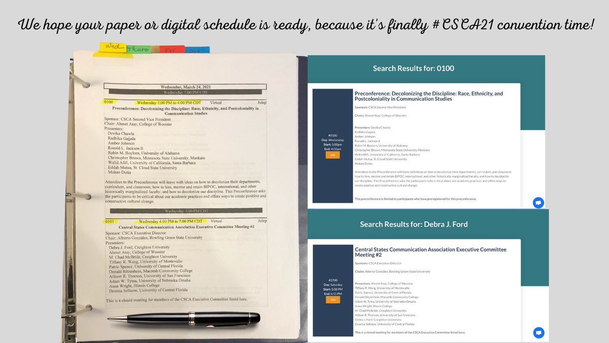 CSCA_COM's tweet photo. We hope your paper or digital schedule is ready, because it's finally #CSCA21 convention time! We hope to see you this afternoon for the preconference at 1 pm CDT or tomorrow as sessions begin at 8 am CDT! Set your time zone to Central Daylight Time for Central! :) https://t.co/DGOJ0NN3lc