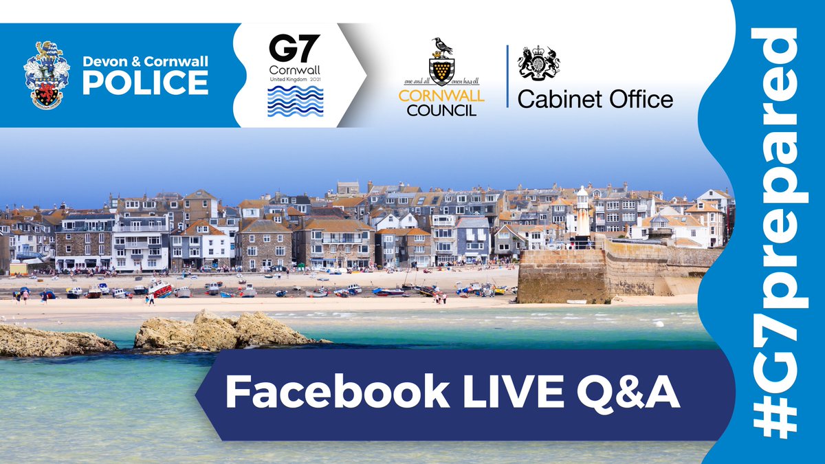 Cornwall Gateway Community Network (@cornwallgateway) on Twitter photo 🚨 <a href="/CornwallCouncil/">@cornwallcouncil</a> is hosting a Facebook LIVE Q&A - Thursday from 6pm alongside Devon & Cornwall Police and the G7 taskforce to answer questions about the summit.
Click 'get reminder' on the Facebook post for a notification when it's live ➡️ bit.ly/2NJBypF
#G7prepared 🚨 <a href="/CornwallCouncil/">@cornwallcouncil</a> is hosting a Facebook LIVE Q&A - Thursday from 6pm alongside Devon & Cornwall Police and the G7 taskforce to answer questions about the summit.
Click 'get reminder' on the Facebook post for a notification when it's live ➡️ bit.ly/2NJBypF
#G7prepared