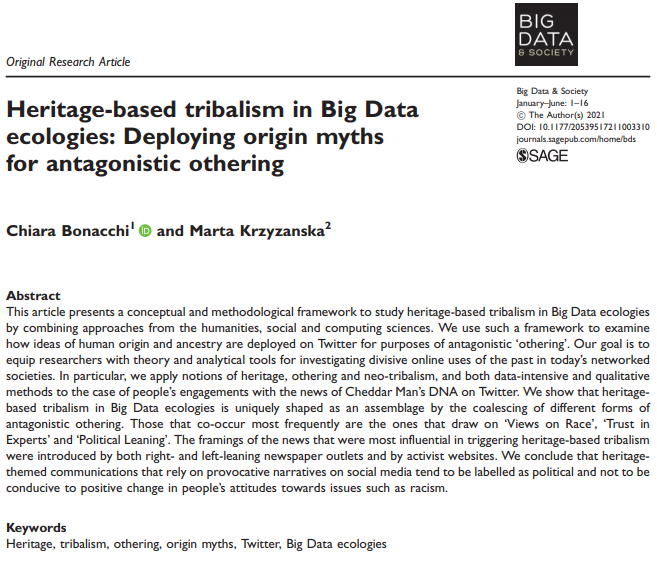 Big Data & Society (@bigdatasoc) on Twitter photo New article: Heritage-based #tribalism in Big Data ecologies: Deploying origin myths for antagonistic othering by Chiara Bonacchi (<a href="/chiara_bonacchi/">Chiara Bonacchi</a>) and Marta Krzyzanska (<a href="/MKrz17/">Marta Krzyzanska</a>). Check it out: buff.ly/3riCPS0 #heritage #othering #bigdata New article: Heritage-based #tribalism in Big Data ecologies: Deploying origin myths for antagonistic othering by Chiara Bonacchi (<a href="/chiara_bonacchi/">Chiara Bonacchi</a>) and Marta Krzyzanska (<a href="/MKrz17/">Marta Krzyzanska</a>). Check it out: buff.ly/3riCPS0 #heritage #othering #bigdata