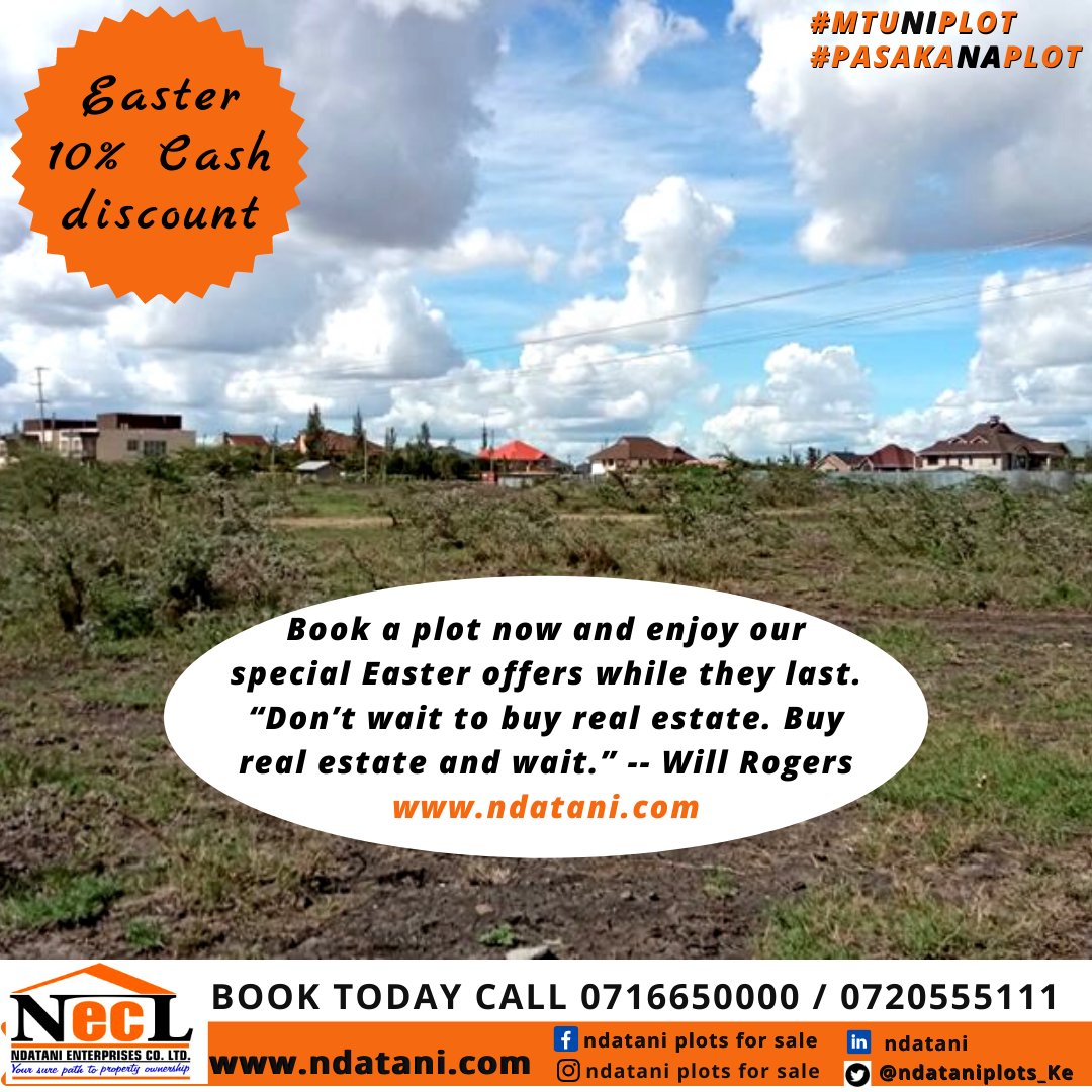 ndataniplots_Ke's tweet photo. Don't wait any longer? Join other proud plot owners.
Get an 1/8th acre ready titled plot with value added amenities.
Plenty of fast expiring Easter offers.
Call us on 0716650000 or 0720555111
#EasterPlotDeals #MtuNiPlot https://t.co/m6nPgt4O8Q