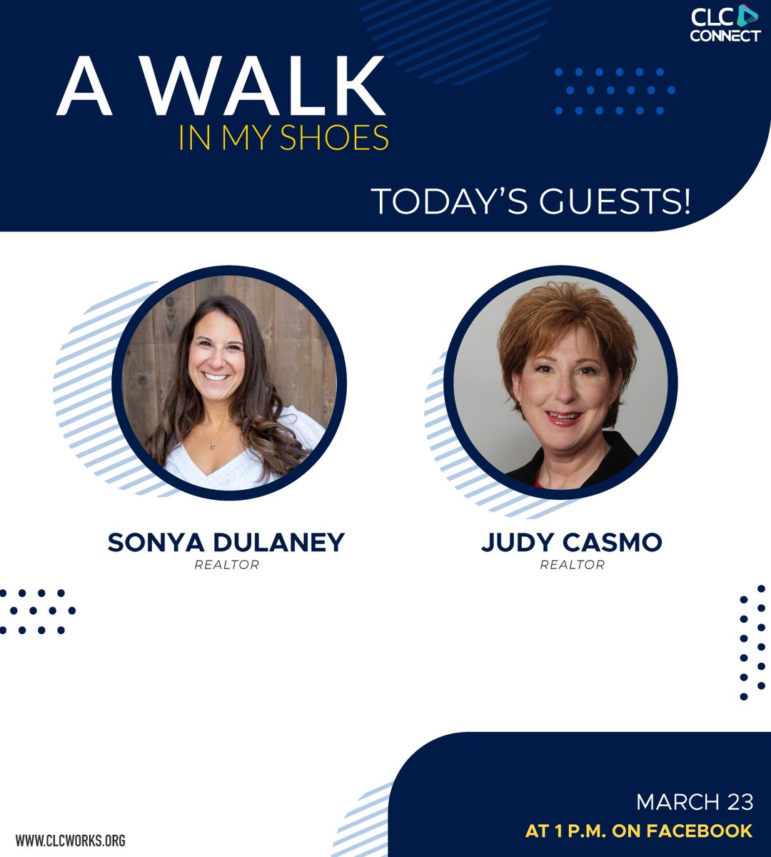 clcworks's tweet photo. Today on A Walk In My Shoes we have not one, but TWO very special guests! Today we will be talking with Sonya and Judy to learn about what life looks like as a Realtor! Make sure to join us at 1:00 p.m.
.
.
.
#AWIMS #AMP #CLC #CLCWorks #AWalkInMyShoes #CCMEP #levelupwithAMP https://t.co/tjadg4bKVW