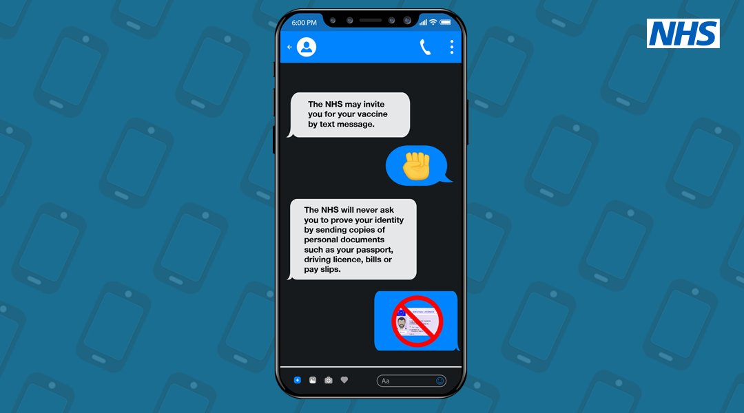 barnshospital's tweet photo. The NHS is sending texts to some people to invite them to book a COVID-19 vaccine appointment. These may come from a local NHS service, or from ‘NHSvaccine’.
 
Remember the NHS will never ask for copies of your personal documents to book an appointment. https://t.co/K4w8yAz6Oj https://t.co/I49E6AENJy