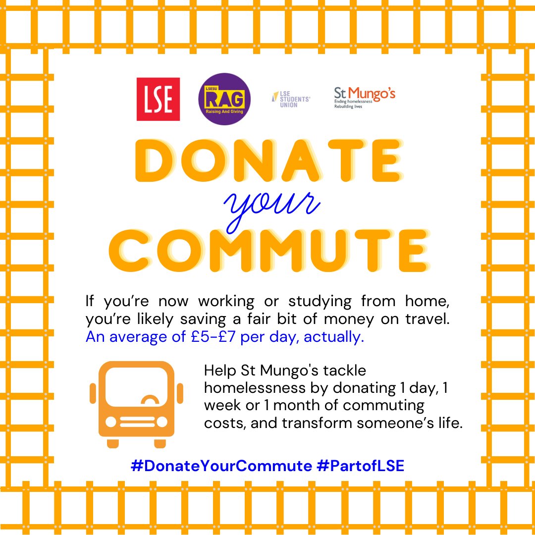 lsesurag's tweet photo. If you’re now working or studying from home because of COVID-19, there’s one plus side: you’re likely saving a fair bit of money on travel. An average of £5-£7 per day, actually. Consider donating your commute to work to St Mungo’s. @lsesu @LSEnews 

https://t.co/hIOVAgdFGm https://t.co/C1SI40PVIt