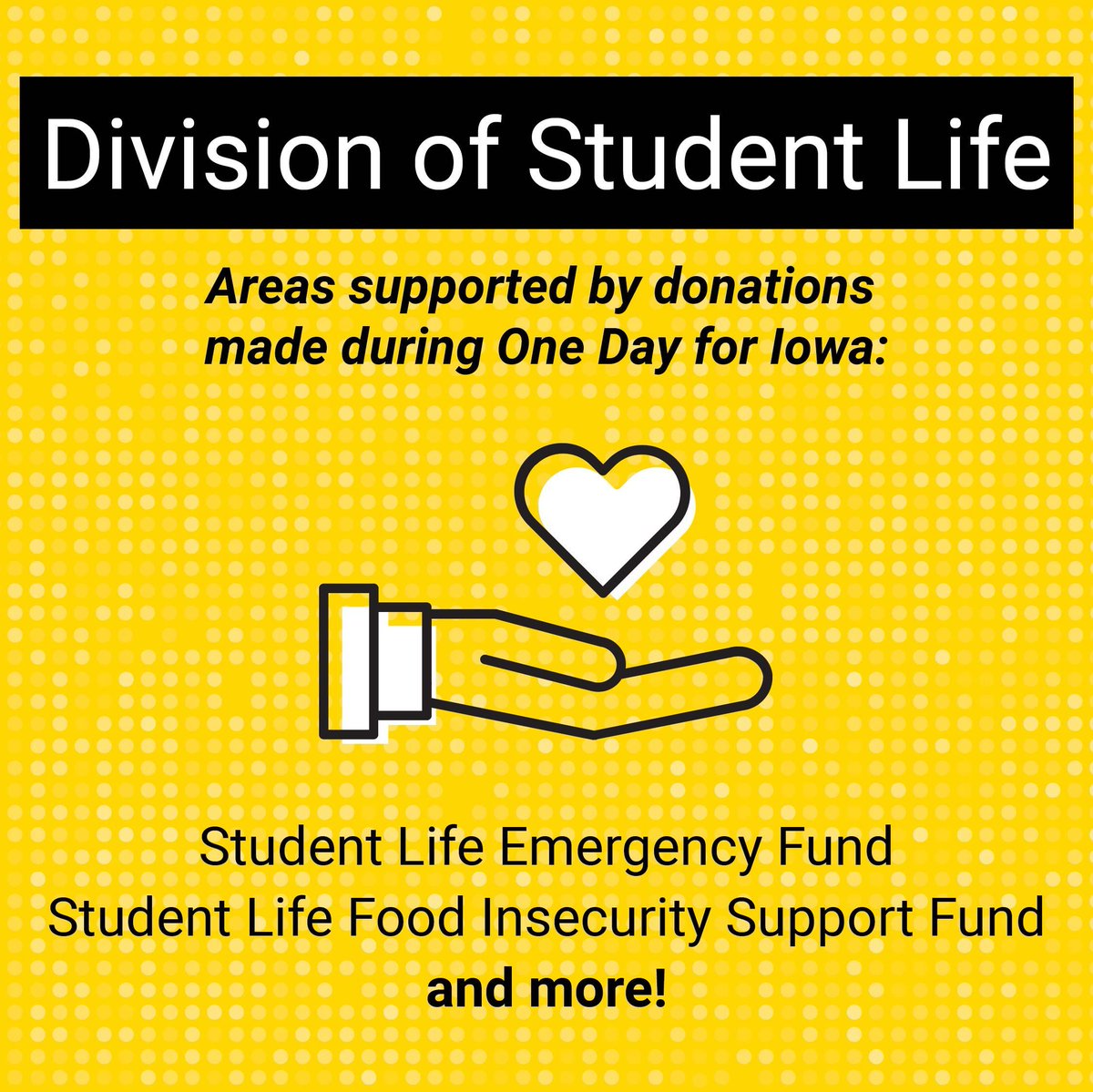UIStudentLife's tweet photo. One Day for Iowa is here – give today to support students in need! The Student Life Emergency Fund and the Student Life Food Insecurity Fund provide resources to help Hawkeyes get through challenging times. https://t.co/p8GAGTbTDb #1DayforIowa 🖤💛 https://t.co/jJZEnOR3mB
