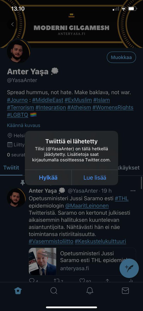 SebastianTyne's tweet photo. Tänään @yasaanter Anter Yasan tili jäädytettiin Twitteristä ilman pätevää syytä. @twittersupport Hän sai tappouhkauksia islamisteilta, mikä johti joukkoistettuun häiriköintiin. RT tämä twiitti, hankitaan ihmisoikeuksia puolustava Anter takaisin 🙏 https://t.co/QJJYc8LQ7W