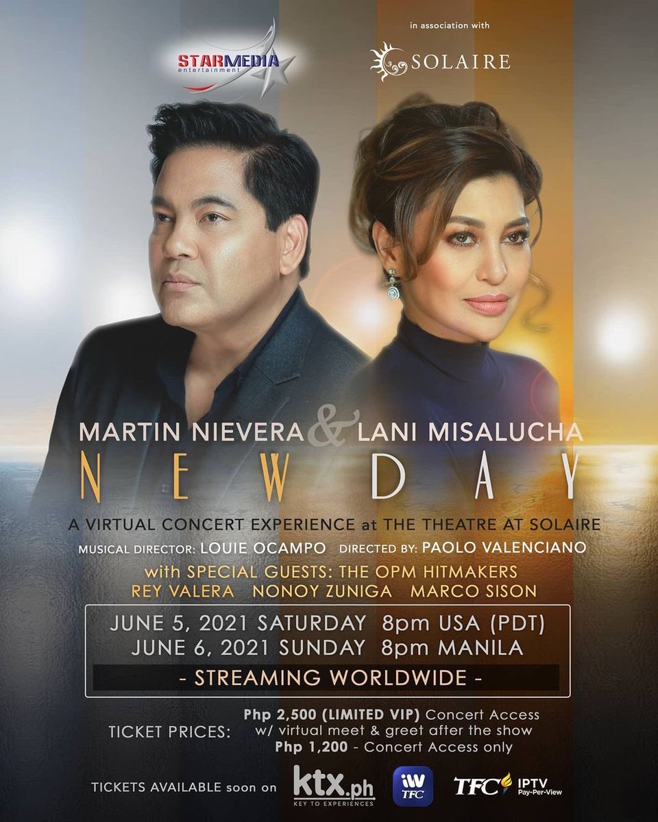 ASAPOfficial's tweet photo. A New Day is coming! 

Join The Concert King Martin Nievera and Asia's Nightingale Lani Misalucha at The Theatre at Solaire for a newfound concert experience! 

Mark your calendars - June 5 and 6, 2021 and immerse in a new day! 

Tickets available soon on https://t.co/q7bq4X1AdN! https://t.co/l5eyvBTTQm