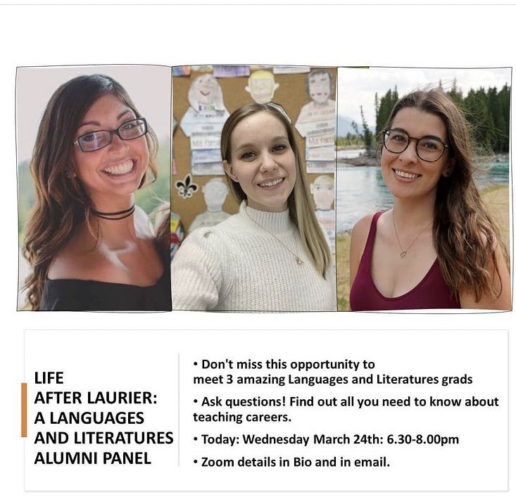 mmesarahyoung's tweet photo. Looking forward to being a part of a great Life After Laurier: Languages and Literatures panel this evening comprised of @LaurierAlumni now working in education! #stayinggolden  💜💛 https://t.co/g9YGDwXW0D