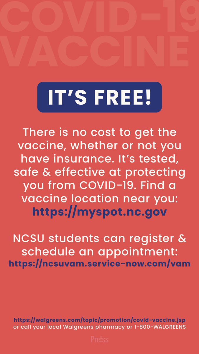 Hey NCSU students, as of April 7th, all college students in NC who live on campus or in other congregate settings will be eligible to receive the vaccine and are encouraged to do so for the health and safety of those around them. schedule yours-https:/ncsuvam.service-now.com/vam