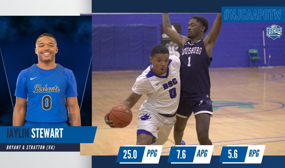 NJCAABasketball's tweet photo. Getting 🪣🪣

The #NJCAAMBB DII Player of the Week is Jaylin Stewart of Bryant &amp; Stratton (VA). 

Stewart was a key player for the Bobcats this week, where he picked up a double-double in one contest and a 35-point showing against Fayetteville Tech.

#NJCAAPOTW https://t.co/Jwx0diIgdV