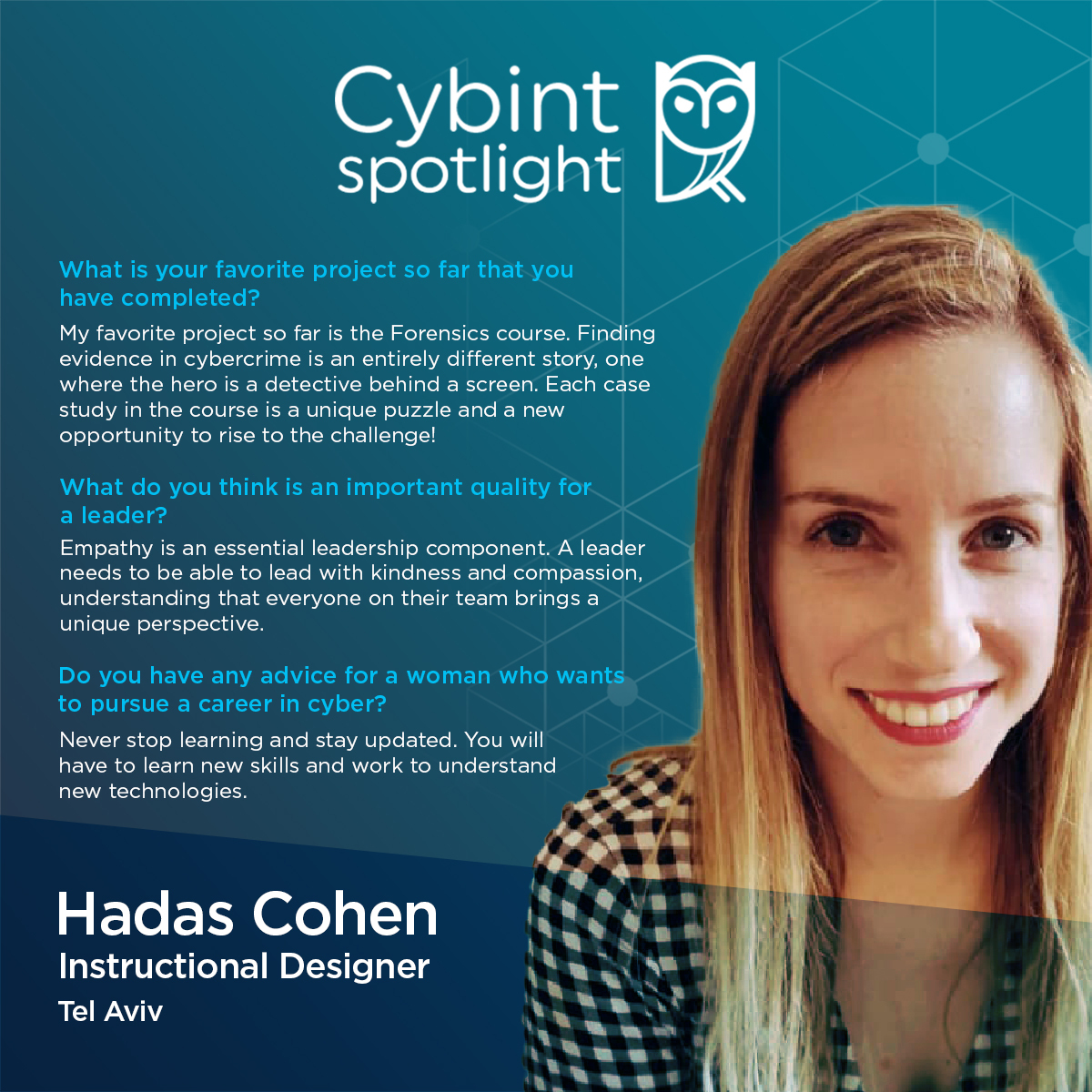 ironcirclecyber's tweet photo. This week's employee spotlight is on one of our Instructional Designers, Hadas Cohen! Learn more about her below:
#womenshistorymonth #womenincyber #womenintech #instructonaldesign https://t.co/4tKoxpTCgE