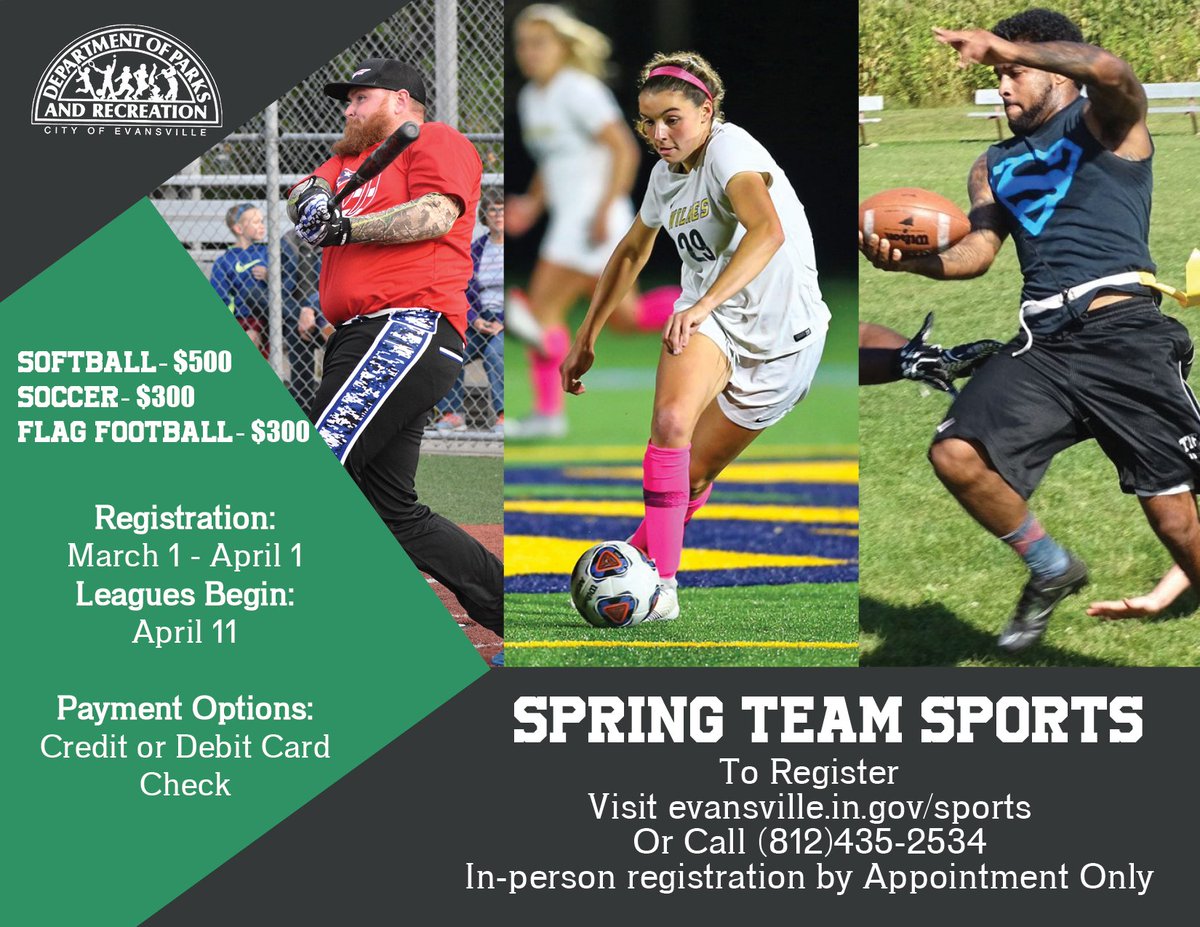 Sign your team up for our spring sports leagues!

#sports #evvsports #spring #evvparksandrec