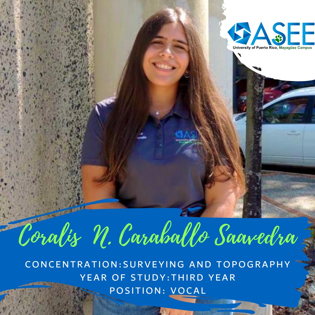 aseeuprm's tweet photo. 𝗠𝗲𝗲𝘁 𝘁𝗵𝗲 𝗔𝗦𝗘𝗘 𝗨𝗣𝗥𝗠 𝗕𝗼𝗮𝗿𝗱!
We introduce you to 𝗖𝗼𝗿𝗮𝗹𝗶𝘀 𝗡. 𝗖𝗮𝗿𝗮𝗯𝗮𝗹𝗹𝗼 𝗦𝗮𝗮𝘃𝗲𝗱𝗿𝗮. She is one of the vocals of the ASEE UPRM. She is at her third year in Surveying and Topography at the UPRM. https://t.co/JFj14ZKsxW