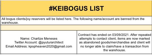 keisservice_kr's tweet photo. #KEIBOGUS 

Name: Charlize Meneses 
Twitter Account: @pyuturarchitect 
Email Address: kpopheaven2020@gmail.com 

Termination of Contract Date: March 9, 2021. https://t.co/98KD8bmxAi