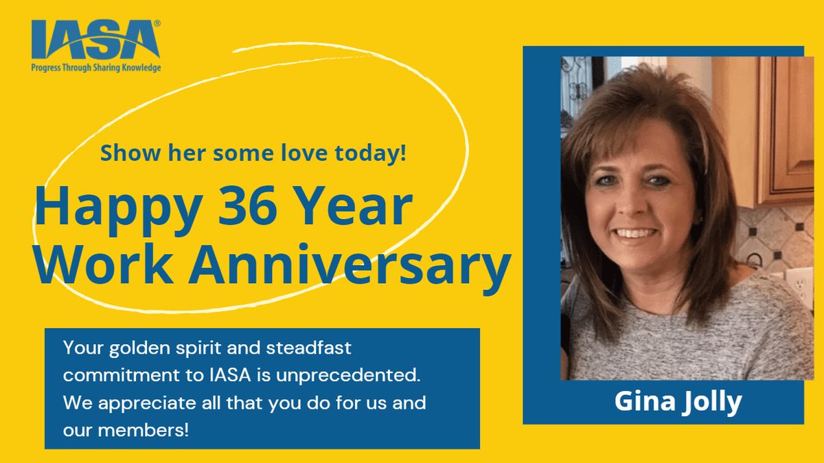 IASAINC's tweet photo. Happy anniversary Gina!  Your 36 years of dedication to IASA and the insurance industry are impeccable!  Your shining spirit is a bright light in our association. 

Please join IASA as we celebrate Gina, give her a shout-out and send her an email at gjolly@iasa.org.

#IASAinc https://t.co/2zPDKLASJb