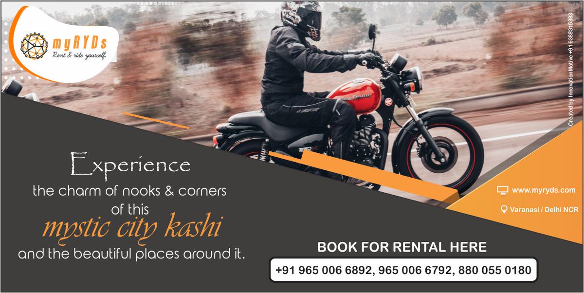MyRyds's tweet photo. Unhook yourself from the chaos and clutter of Public Transport with MyRyds. Rent a bike and ride in style.

#MyRyds #Varanasi #Bike #Bikers #BikeRental #Travel #Travelling #SoloTraveller #Tour #Tourist #IncredibleIndia #GhatsInVaranasi #India 
#GroupTravel #Explore #BNIVaranasi https://t.co/PuwooYG1ta