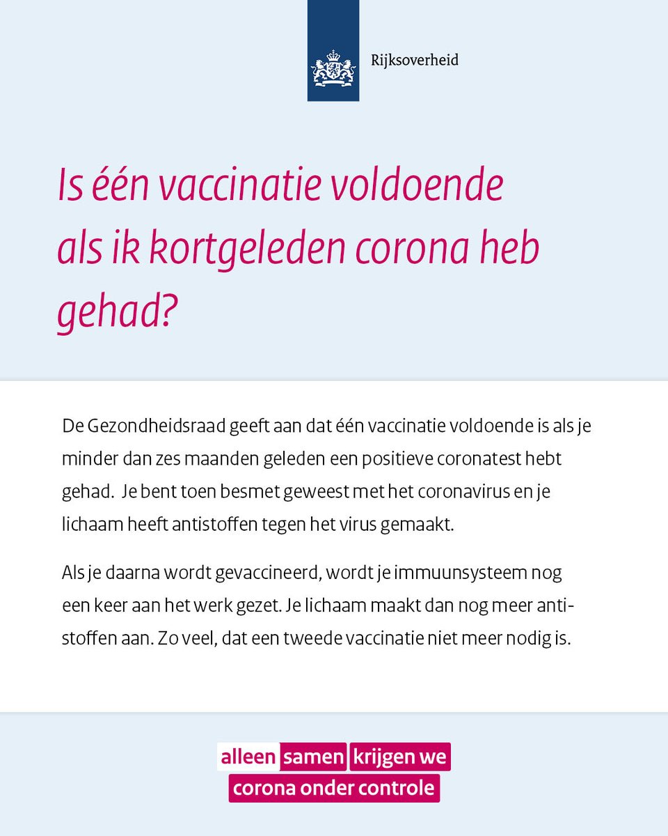 Krijg ik 1 of 2 prikken? Het antwoord op deze vraag is afhankelijk van verschillende factoren, bijvoorbeeld of je al corona hebt gehad.

Meer informatie lees je ⤵️
rijksoverheid.nl/onderwerpen/co…

#coronavaccin #coronavaccinatie #COVID19