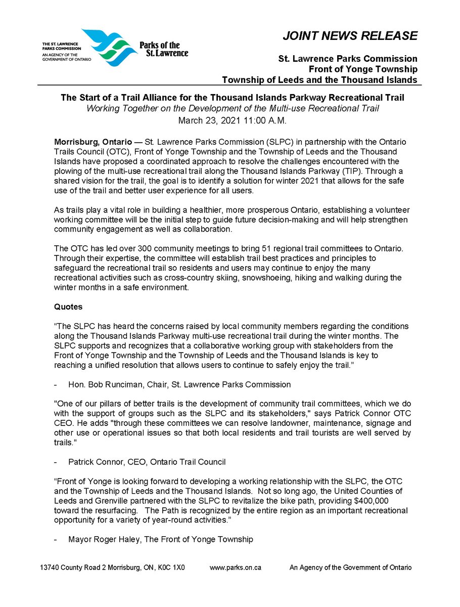 ontrails's tweet photo. @OnSnowTrails So pleased to have initiated this project -
The Start of a Trail Alliance for the Thousand Islands Parkway Recreational Trail
Working Together on the Development of the Multi-use Recreational Trail. #development #ontariotrails #ontariotrailstourism https://t.co/slJnTzbXkX