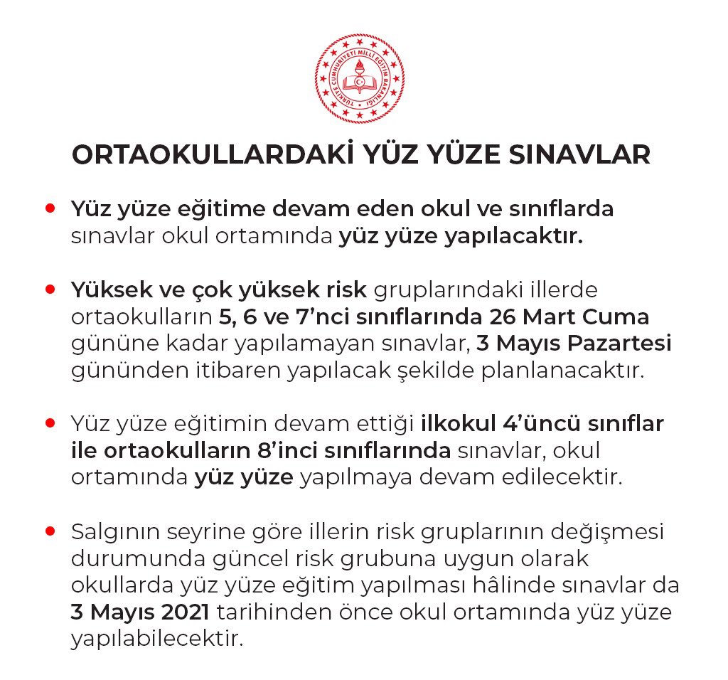 Ortaokullarda Yüz Yüze Sınav Takvimi Güncellemesi