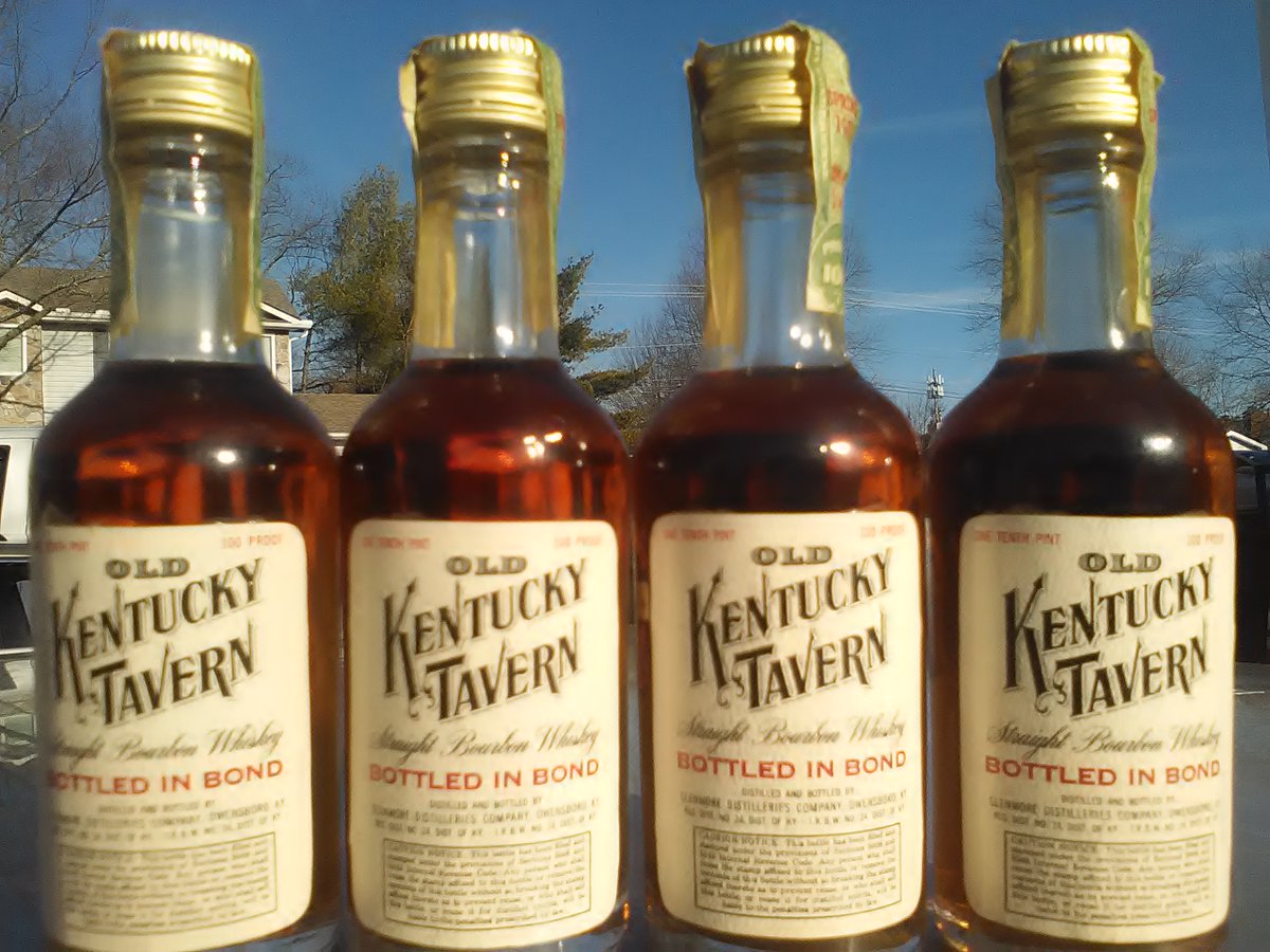 PappyVan_Winkle's tweet photo. I absolutely LOVE the old glass mini bottles from days gone by. These 4 mini's have been in the bottle over 60 years and still look pristine. Barreled in Spring 1952 Bottled in Spring 1960. These are 100 proof Bottled in Bond 8 year Old Kentucky Tavern. #KyBourbon #MiniBottles https://t.co/ICShgLPepm