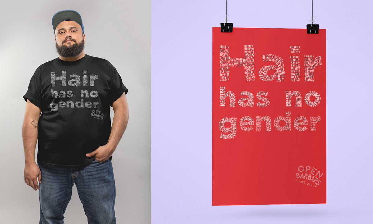 Two pictures, on the left a brown person with a black cap and a beard, wearing a black t-shirt that says 'Hair has no gender' in white text, with the Open Barbers logo below it. On the right a red print with white text that also says 'Hair has no gender' and the Open Barbers logo below.