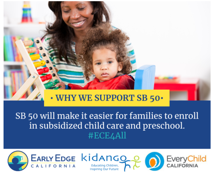 kidango's tweet photo. #SB50 will make it easier for families to enroll in subsidized child care and 
preschool. That’s why it is supported by child care advocates like @EarlyEdgeCA 
@Kidango and @EveryChildCA. #ECE4All #ElevateECE #KidangoAdvocates https://t.co/ZSNcBtlSoH
