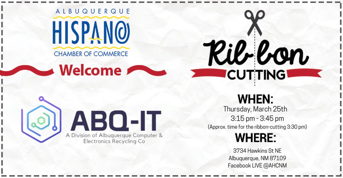 The Albuquerque Hispano Chamber of Commerce, in welcoming “ABQ- IT” for their Ribbon Cutting Celebration – Thursday, March 25th from 3:15 pm – 3:45 pm with the actual ribbon cutting approx. 3:30 pm. 

Register Today: bit.ly/3vTAfWf

#RibbonCutting #ResetRecoverRebound