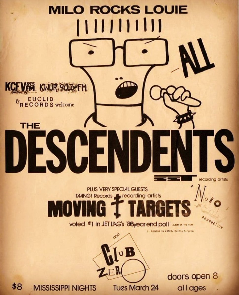 Nesse mesmo 24.03 de 1986 (chutando o ano aqui mas provável que seja esse) rolou esse show

- Club Zero
- Moving Targets 
- Descendents 

#ClubZero #MovingTargets #Descendents #MississippiNights