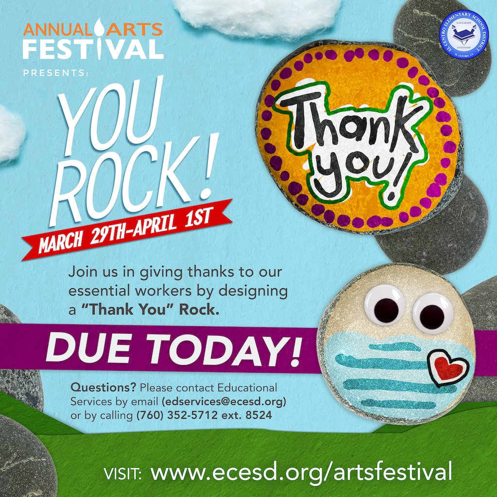 ElCentroESD's tweet photo. Reminder to please stop by today to turn in the “thank you” rock along with the completed student information card. Please call your child's school with questions or call Educational Services at (760) 352-5712 ext. 8524. Thank you!

#ECESD https://t.co/kBG0jOhePA