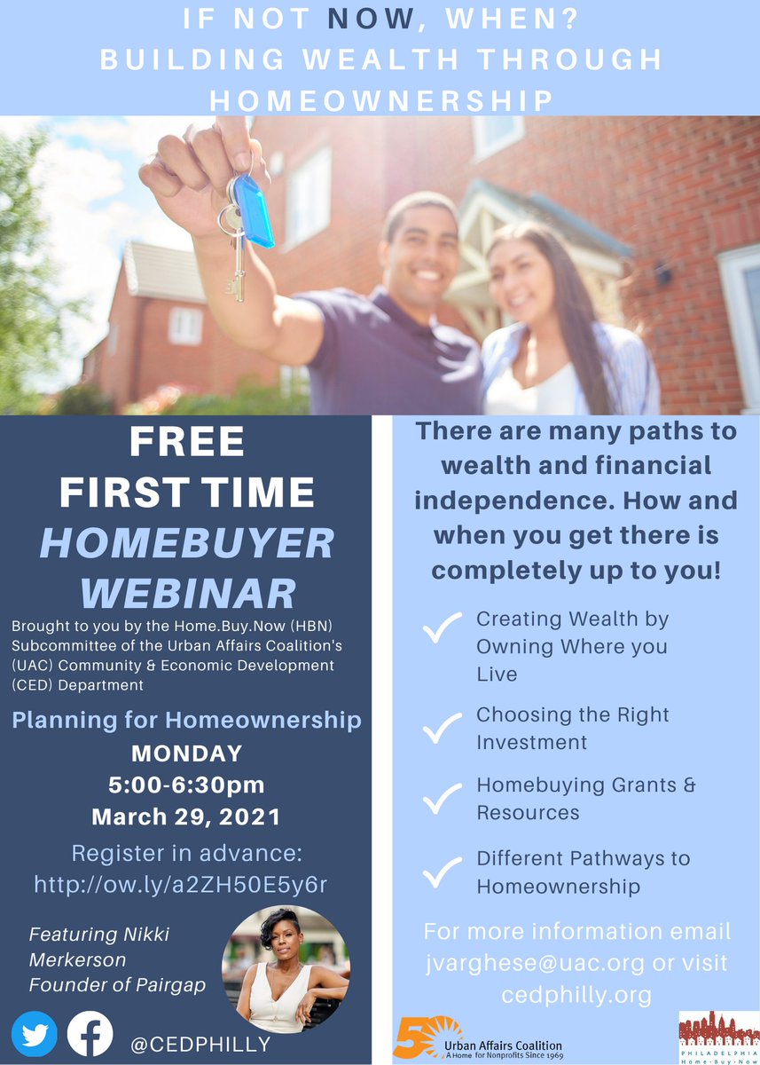 CEDphilly's tweet photo. There are many paths to wealth and financial independence. How and when you get there is completely up to you!
Join CED Monday, March 29th for a FREE first-time homebuyers workshop presented by Nikki Merkerson, Founder of Pairgap 
Register below 
https://t.co/6R59Ur9tLn https://t.co/gdc5hF2M4D