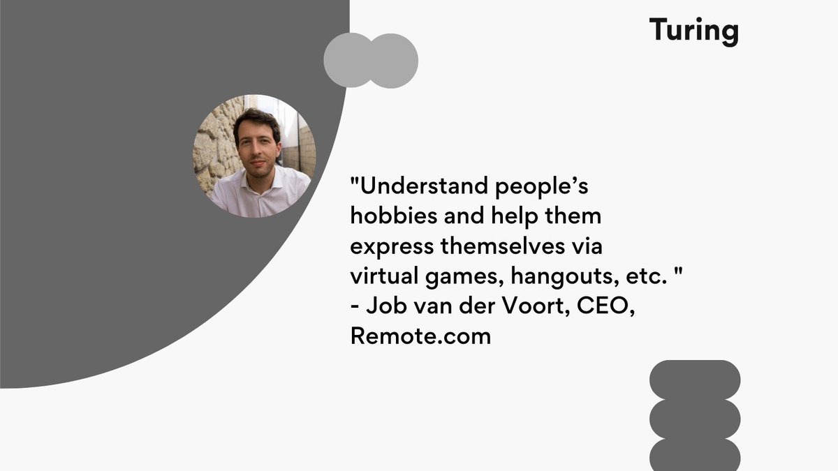 turingcom's tweet photo. Interpersonal relationships are the glue that holds a workplace together. Leaders @chris_herd, @Bouazizalex & @Jobvo shared the secrets behind building meaningful relationships in the remote workplace at the Boundaryless: #BuildFromAnywhere conference. https://t.co/8L4pG5LrNS https://t.co/YXdEfS32XR