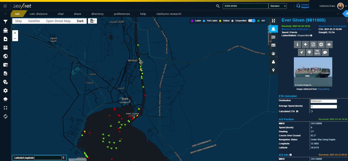 seabymaritech's tweet photo. Stay up to date with the fast moving situation in the #SuezCanal. Create a custom polygon in Sea/net to be notified in real time when the Ever Given ship moves from its location.
Follow what's happening in real time on Sea/net now. #SmarterShipping #AISTracking #EverGiven https://t.co/UG3djTKDRw