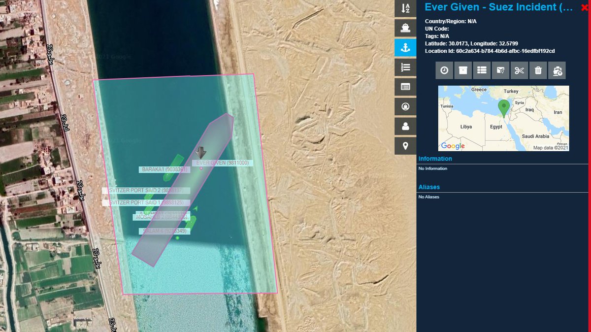 seabymaritech's tweet photo. Stay up to date with the fast moving situation in the #SuezCanal. Create a custom polygon in Sea/net to be notified in real time when the Ever Given ship moves from its location.
Follow what's happening in real time on Sea/net now. #SmarterShipping #AISTracking #EverGiven https://t.co/UG3djTKDRw