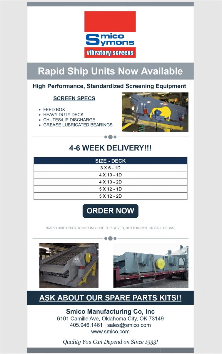 SmicoMFG's tweet photo. Did you know? Smico Manufacturing now has rapid ship units available! Contact the Smico sales team today to find out more! (405) 946-1461 | sales@smico.com #Smico #SmicoSymons #ajmixing #IndustrialMfg #OklahomaMfg #VibratoryScreens #IndustrialScreening #manufacturing https://t.co/MpQNZSTHfW