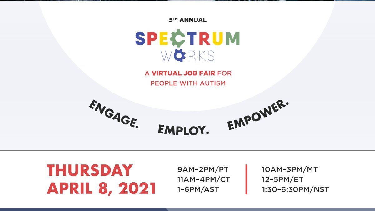 AllianceAutism's tweet photo. Join 30+ organizations across Canada to participate @ Spectrum Works virtual #jobfair on April 8 2021. 

Participation is free for any exhibitor who would like to connect w/ &amp; support #Autistic job seekers. 

Register here: https://t.co/AkJCFPzNr1 &amp; share widely!

@SubstanceCares https://t.co/XHJd20D7za
