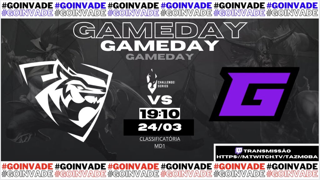 goinvade's tweet photo. Hoje às 19:10, valendo vaga nas fases finais da @CbwrLeague , @goinvade X @GloweSportx! Transmissão pelo canal do @TAZ_moba! Contamos com a sua torcida para incentivar a equipe em busca da vitória! #GoInvade https://t.co/1LTNZyA4cI