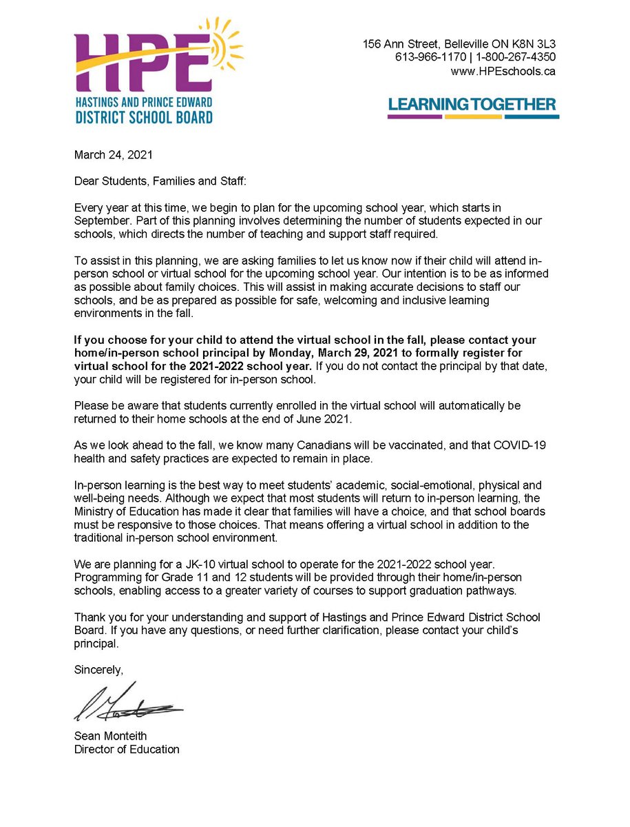 HPEDSB Director of Education Sean Monteith has issued a follow-up letter to Virtual School families regarding registration for the 2021-2022 school year.