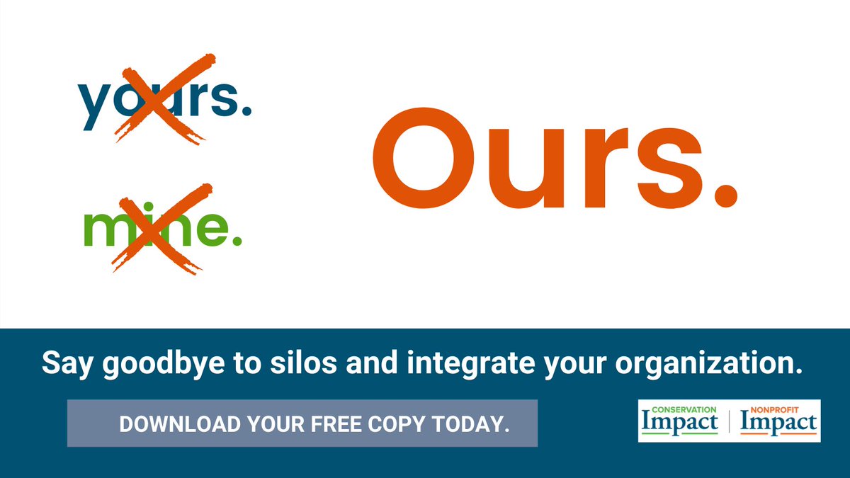 ConservImpact's tweet image. "Integration requires leaving behind a territorial mindset (my staff/ your staff; my funding/ your funding) for a shared, collective identity and responsibility (our staff; our funding)." ow.ly/mYGM50E1a0q
#nonprofits #leadership #strategy