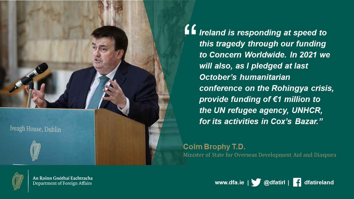 Irish_Aid's tweet photo. Minister Brophy today announced €100,000 in Irish Aid funding for @Concern in response to fires in the Rohingya refugee camps in Bangladesh. Ireland is releasing rapid funding to provide water, shelter and food to 20,000 affected people. See: https://t.co/trzRVLHKov https://t.co/P6LF7tr4Ba