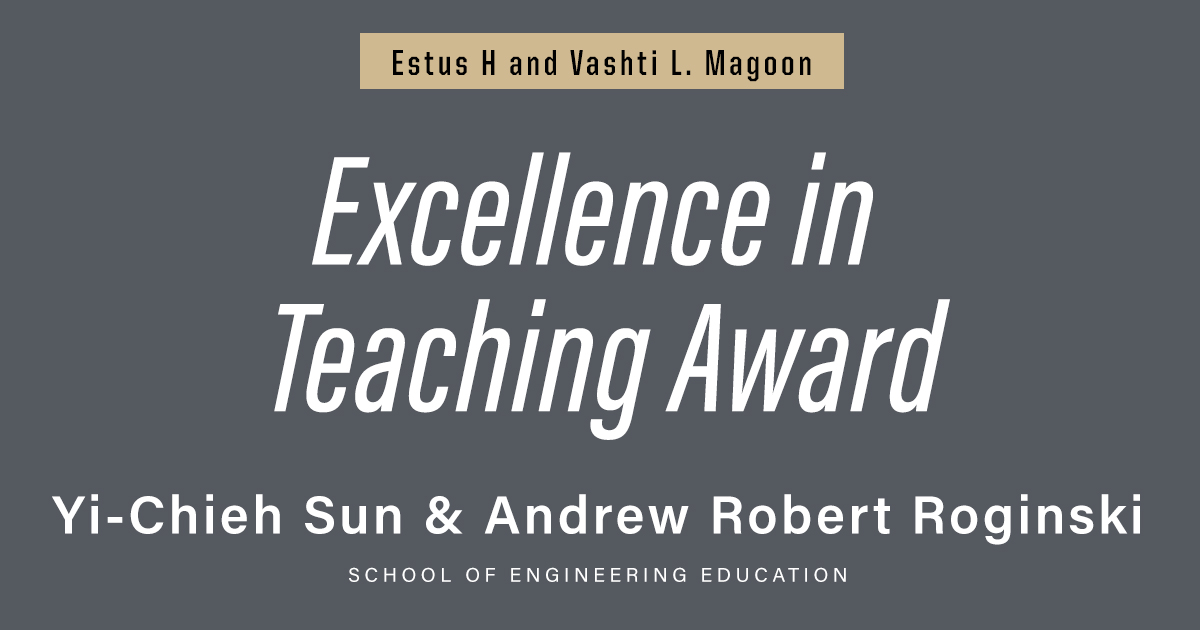 PurdueENE's tweet photo. Congrats to grad students Yi-Chieh Sun and Andrew Robert Roginski for receiving a 2020-21 Magoon Excellence in Teaching award, given annually to outstanding teaching assistants and instructors. Both teach in our @PurdueFYE program. 🖤💛🚂
🔗https://t.co/vSpCv0P7uI https://t.co/7Ec5VmUCcW