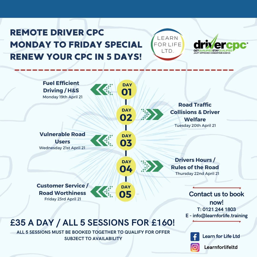 LearnForLifeLtd's tweet photo. DRIVER CPC REMOTE DELIVERY - MONDAY TO FRIDAY SPECIAL!
£35 a day OR £160 for all 5 dates! (Subject to availability) 
First come first serve!

Duration - 9am - 4:30pm (Breaks included)

Contact us now to book!
Email - info@learnforlife.training
Phone - 0121 244 1803
#drivercpc https://t.co/jQrZxW0nCB