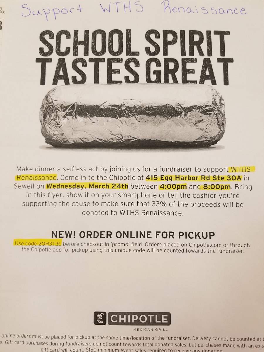 Please come out to Chipotle -Egg Harbor Road from 4-8 pm tonight and support WTHS Renaissance.  Please help our members give back to their classmates by mentioning Renaissance when you order. <a href="/twppride/">Jonathan Strout</a> @SuperintendWTPS