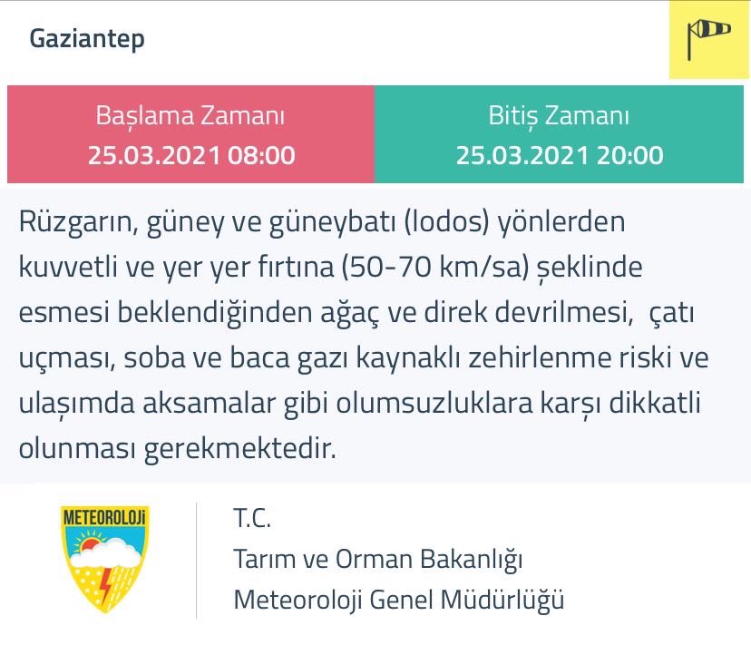 Lütfen dikkat edelim!
Şiddetli fırtına uyarısı yapıldı...

#Gaziantep