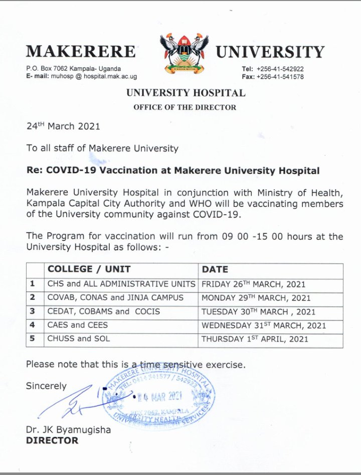 We shall be carrying out vaccination for Makerere University staff at all levels. Mak Vice Chancellor @ProfNawangwe will take the first jab in this exercise that commences on Friday, 26th March 2021.